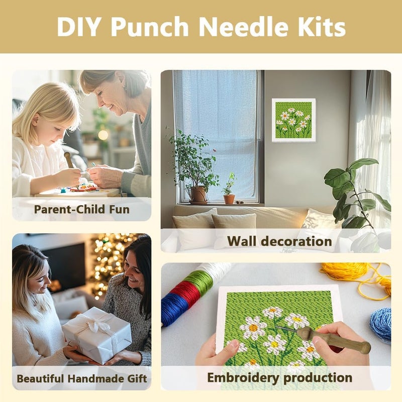 DOODLREAM Daisy Flower DIY Punch Needle Embroidery Kit for Adult Beginner, 9.4" Daisy Punch Stitching Craft Set for Starter with Frame, Fabric Pattern, Threader, Yarn, Pinch Needle - Image 4